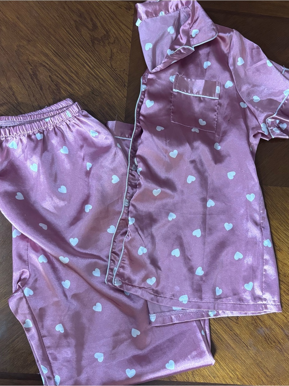 SHEIN Pink Satin Heart-Print Pajama Set